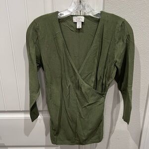LOFT Green Wrap Blouse with Long Sleeves